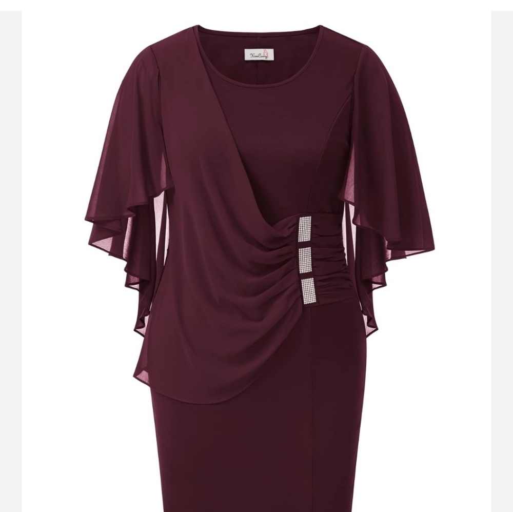 Plus Size Burgundy Ruched Midi Dress with Capelet and Rhinestone Accent